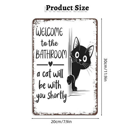 Funny Metal Tin Welcome Cat Sign For Bathroom