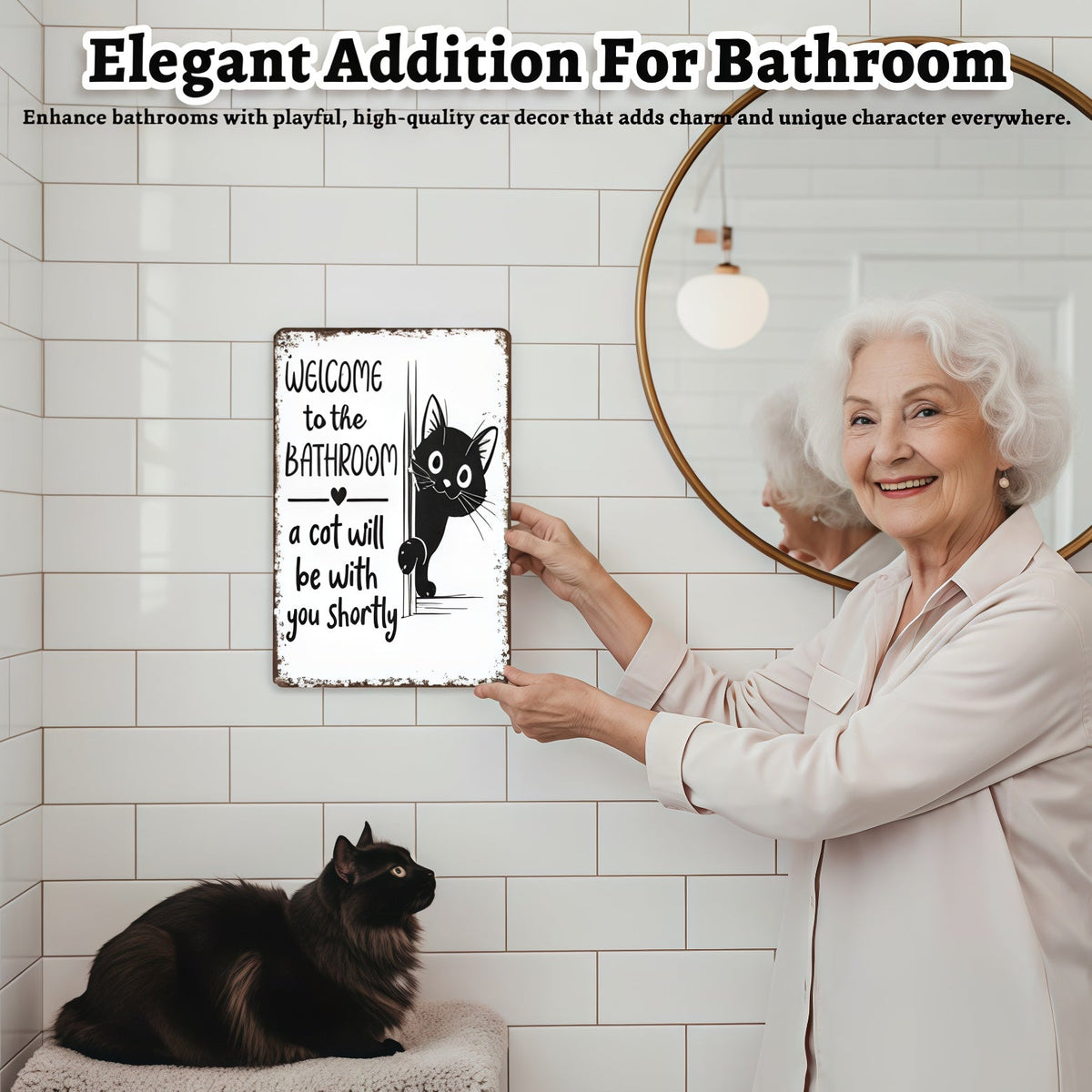 Funny Metal Tin Welcome Cat Sign For Bathroom