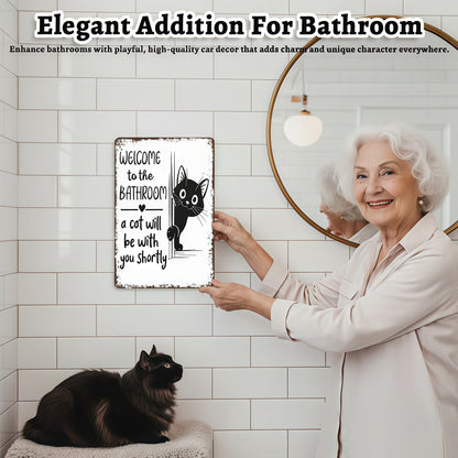 Funny Metal Tin Welcome Cat Sign For Bathroom