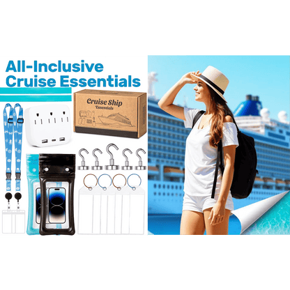 🚢Cruise Essentials 2026- Cruise Must Haves Kit with Non-Surge Protector Power Strip, Lanyard with ID Holder, Magnetic Hooks, Luggage Tag Set, Towel Bands, Waterproof Phone Holder